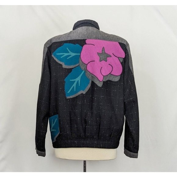 Vintage 80s Jacket Sally Von Werlhof Black Gray Wool Blend Floral Tweed Size M - Picture 2 of 10